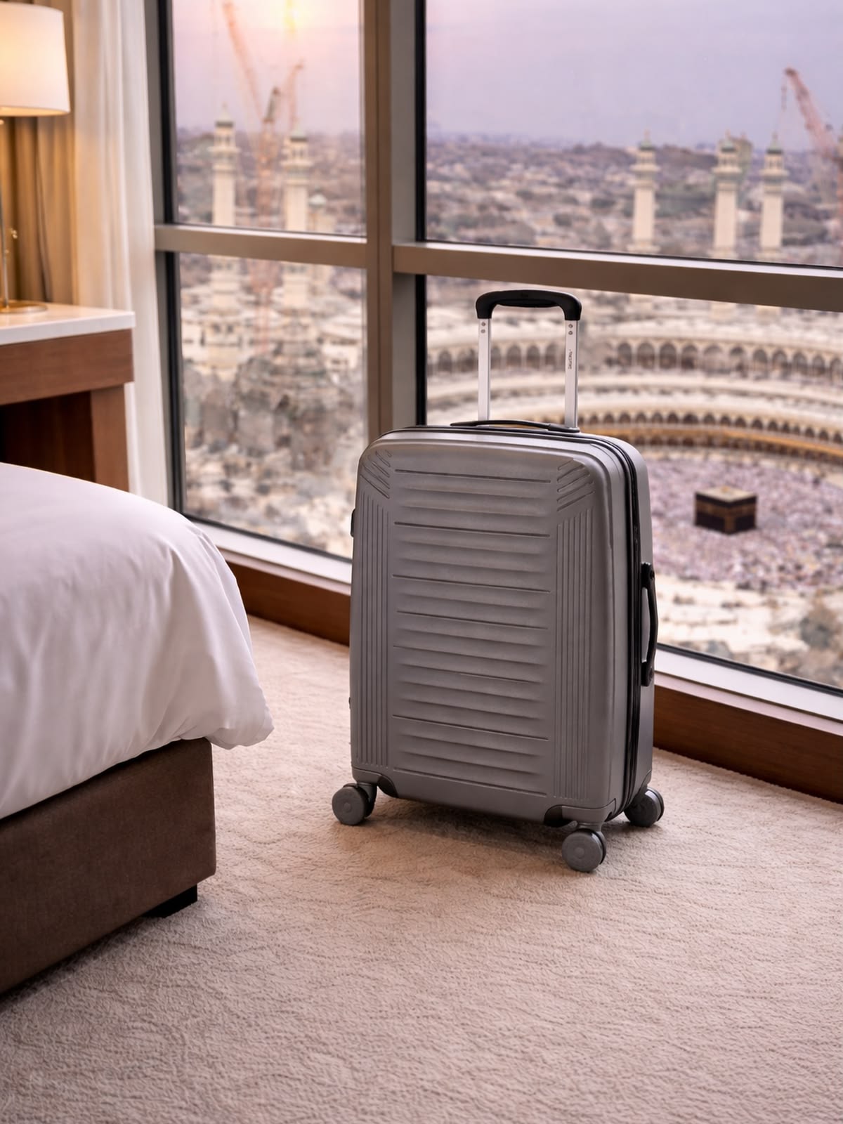 A suitcase by a hotel window overlooking the Kaaba